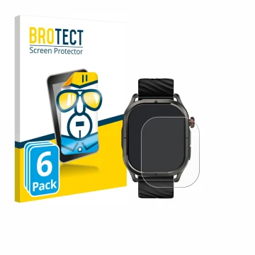 Parte frontal de un envase de producto con el logotipo de la marca BROTECT. Al lado se muestra el dispositivo Kospet Magic P10
