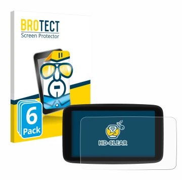 Parte frontal de un envase de producto con el logotipo de la marca BROTECT. Al lado se muestra el dispositivo TomTom GO Classi