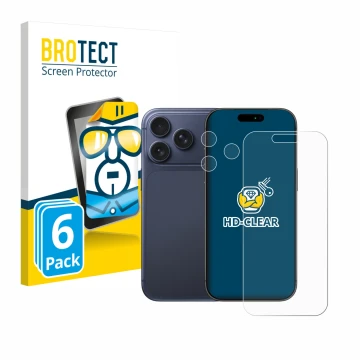 Parte frontal de un envase de producto con el logotipo de la marca BROTECT. Al lado se muestra el dispositivo Apple iPhone 17 