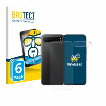 Parte frontal de un envase de producto con el logotipo de la marca BROTECT. Al lado se muestra el dispositivo Nubia Air (Front