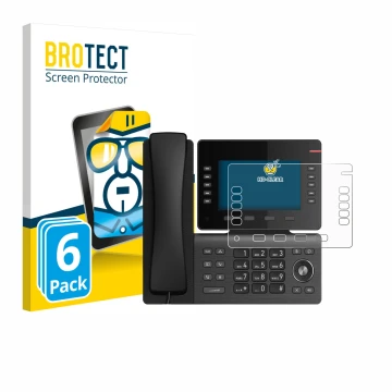 Parte frontal de un envase de producto con el logotipo de la marca BROTECT. Al lado se muestra el dispositivo Snom D865 con su