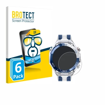 Parte frontal de un envase de producto con el logotipo de la marca BROTECT. Al lado se muestra el dispositivo Huawei Watch Ult