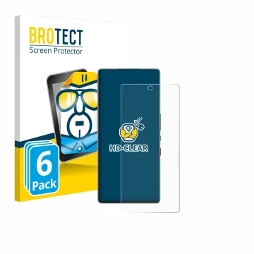 Parte frontal de un envase de producto con el logotipo de la marca BROTECT. Al lado se muestra el dispositivo ZTE Nubia Red Ma