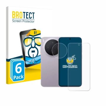 Parte frontal de un envase de producto con el logotipo de la marca BROTECT. Al lado se muestra el dispositivo Vivo X300 (Front