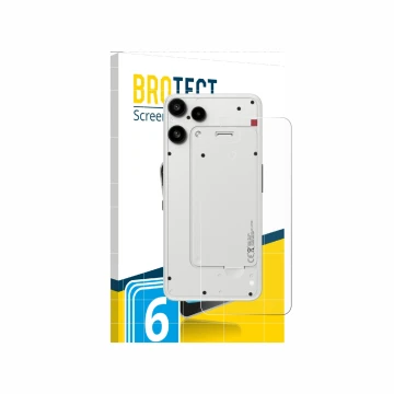 Parte frontal de un envase de producto con el logotipo de la marca BROTECT. Al lado se muestra el dispositivo Nothing Phone (3