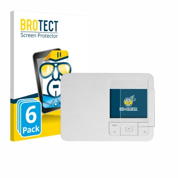 Parte frontal de un envase de producto con el logotipo de la marca BROTECT. Al lado se muestra el dispositivo Canon Selphy CP1