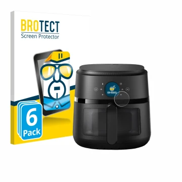 Parte frontal de un envase de producto con el logotipo de la marca BROTECT. Al lado se muestra el dispositivo Philips Airfryer