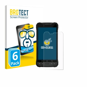 Parte frontal de un envase de producto con el logotipo de la marca BROTECT. Al lado se muestra el dispositivo Zebra Xplore M60