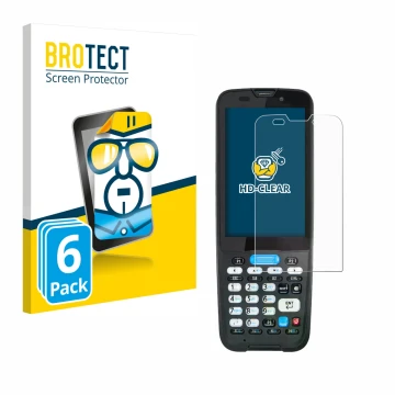 Parte frontal de un envase de producto con el logotipo de la marca BROTECT. Al lado se muestra el dispositivo Unitech HT330 co