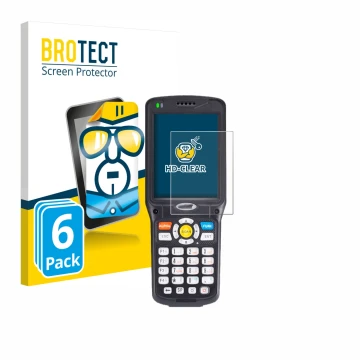 Parte frontal de un envase de producto con el logotipo de la marca BROTECT. Al lado se muestra el dispositivo Unitech HT510 co