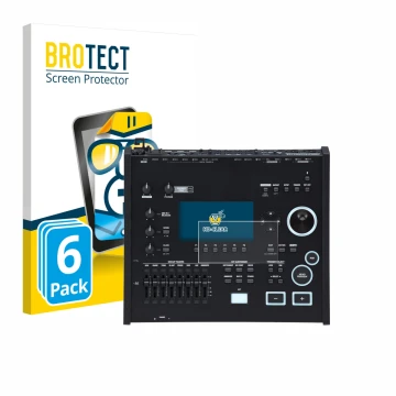 Parte frontal de un envase de producto con el logotipo de la marca BROTECT. Al lado se muestra el dispositivo Roland V71 con s