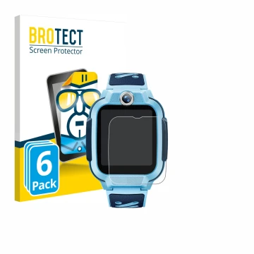 Parte frontal de un envase de producto con el logotipo de la marca BROTECT. Al lado se muestra el dispositivo Imoo Watch Phone