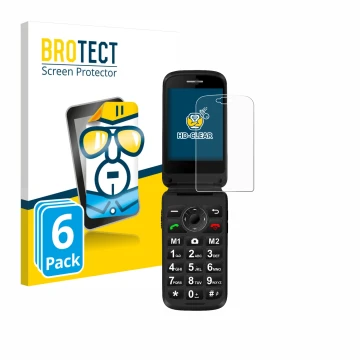 Parte frontal de un envase de producto con el logotipo de la marca BROTECT. Al lado se muestra el dispositivo Simvalley Mobile