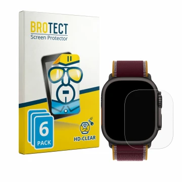 Parte frontal de un envase de producto con el logotipo de la marca BROTECT. Al lado se muestra el dispositivo Apple Watch Ultr