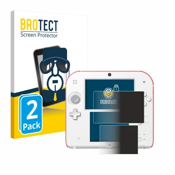 Parte frontal de un envase de producto con el logotipo de la marca BROTECT. Al lado se muestra el dispositivo Nintendo 2DS con