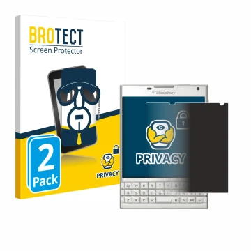 Parte frontal de un envase de producto con el logotipo de la marca BROTECT. Al lado se muestra el dispositivo BlackBerry Passp