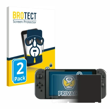 Parte frontal de un envase de producto con el logotipo de la marca BROTECT. Al lado se muestra el dispositivo Nintendo Switch 