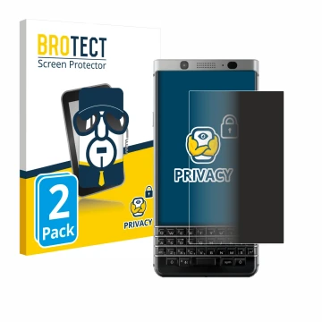Parte frontal de un envase de producto con el logotipo de la marca BROTECT. Al lado se muestra el dispositivo BlackBerry Keyon