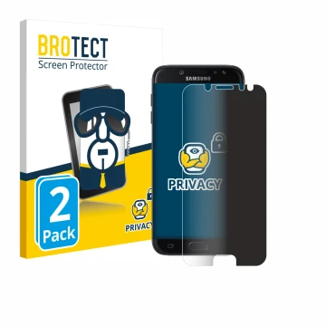 Parte frontal de un envase de producto con el logotipo de la marca BROTECT. Al lado se muestra el dispositivo Samsung Galaxy J