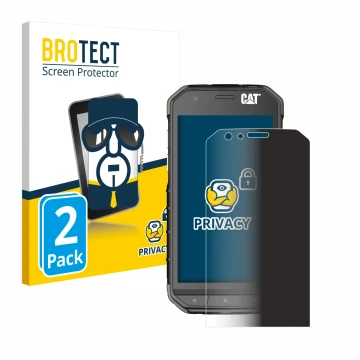 Parte frontal de un envase de producto con el logotipo de la marca BROTECT. Al lado se muestra el dispositivo Caterpillar Cat 