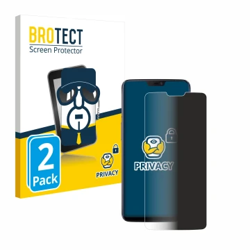 Parte frontal de un envase de producto con el logotipo de la marca BROTECT. Al lado se muestra el dispositivo OnePlus 6 con su