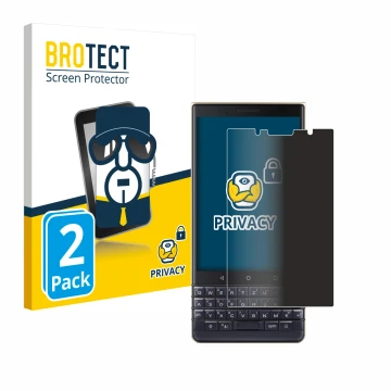 Parte frontal de un envase de producto con el logotipo de la marca BROTECT. Al lado se muestra el dispositivo BlackBerry Key2 