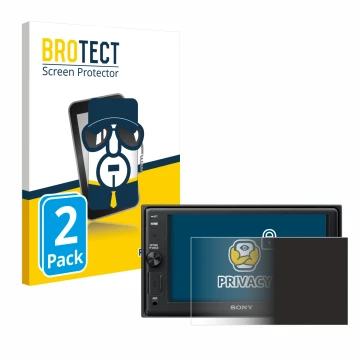 Parte frontal de un envase de producto con el logotipo de la marca BROTECT. Al lado se muestra el dispositivo Sony XAV-AX1005D
