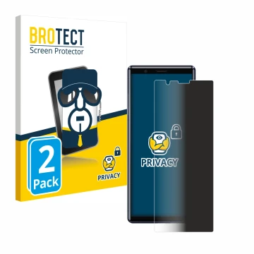 Parte frontal de un envase de producto con el logotipo de la marca BROTECT. Al lado se muestra el dispositivo Sony Xperia 5 co