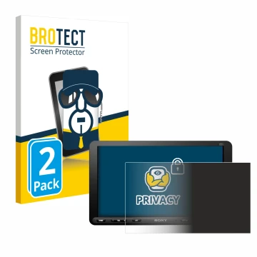 Parte frontal de un envase de producto con el logotipo de la marca BROTECT. Al lado se muestra el dispositivo Sony XAV-AX8050D