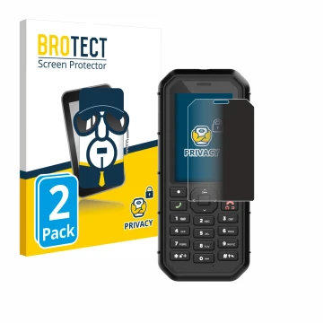 Parte frontal de un envase de producto con el logotipo de la marca BROTECT. Al lado se muestra el dispositivo Caterpillar Cat 