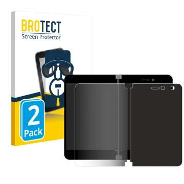 Parte frontal de un envase de producto con el logotipo de la marca BROTECT. Al lado se muestra el dispositivo Microsoft Surfac