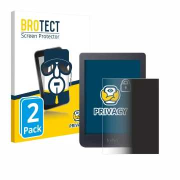 Parte frontal de un envase de producto con el logotipo de la marca BROTECT. Al lado se muestra el dispositivo Kobo Nia con su 