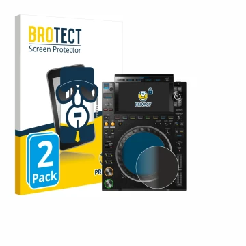 Parte frontal de un envase de producto con el logotipo de la marca BROTECT. Al lado se muestra el dispositivo Pioneer CDJ 3000