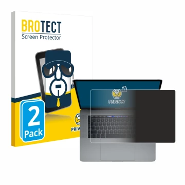 Parte frontal de un envase de producto con el logotipo de la marca BROTECT. Al lado se muestra el dispositivo Apple MacBook Pr