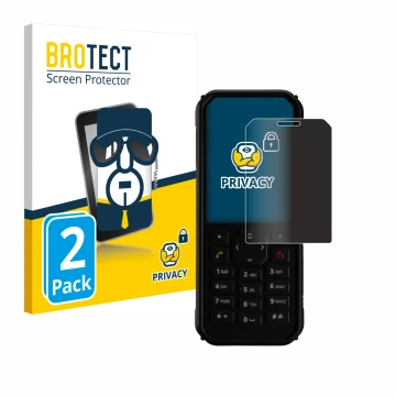 Parte frontal de un envase de producto con el logotipo de la marca BROTECT. Al lado se muestra el dispositivo Caterpillar Cat 