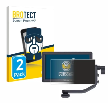Parte frontal de un envase de producto con el logotipo de la marca BROTECT. Al lado se muestra el dispositivo Feelworld FW568 