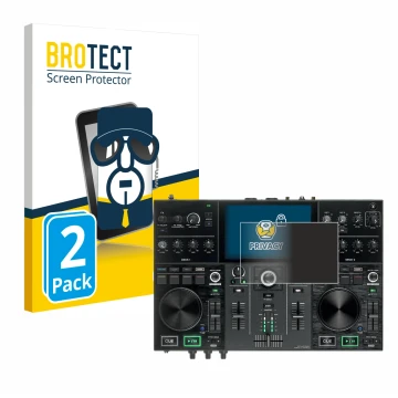 Parte frontal de un envase de producto con el logotipo de la marca BROTECT. Al lado se muestra el dispositivo Denon DJ Prime G