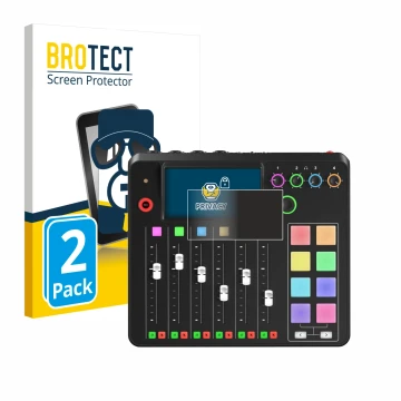 Parte frontal de un envase de producto con el logotipo de la marca BROTECT. Al lado se muestra el dispositivo Rode Rodecaster 