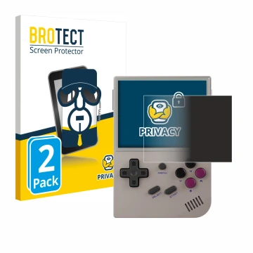 Parte frontal de un envase de producto con el logotipo de la marca BROTECT. Al lado se muestra el dispositivo Anbernic RG35XX 