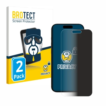 Parte frontal de un envase de producto con el logotipo de la marca BROTECT. Al lado se muestra el dispositivo Apple iPhone 15 