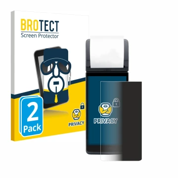 Parte frontal de un envase de producto con el logotipo de la marca BROTECT. Al lado se muestra el dispositivo myPOS Pro con su