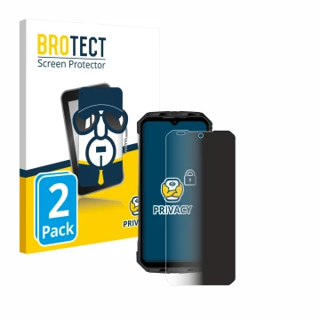 Parte frontal de un envase de producto con el logotipo de la marca BROTECT. Al lado se muestra el dispositivo Doogee S110 con 