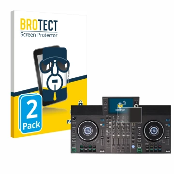 Parte frontal de un envase de producto con el logotipo de la marca BROTECT. Al lado se muestra el dispositivo Denon DJ SC LIVE