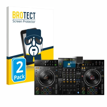 Parte frontal de un envase de producto con el logotipo de la marca BROTECT. Al lado se muestra el dispositivo Pioneer XDJ -XZ 