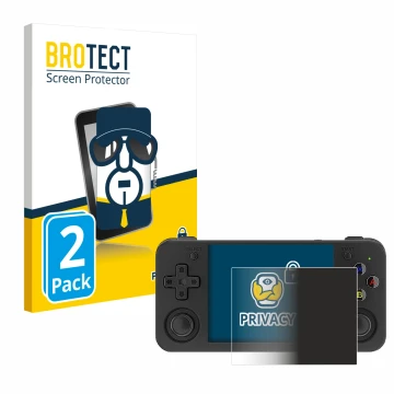 Parte frontal de un envase de producto con el logotipo de la marca BROTECT. Al lado se muestra el dispositivo Anbernic RG35XX 