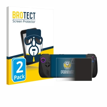 Parte frontal de un envase de producto con el logotipo de la marca BROTECT. Al lado se muestra el dispositivo ASUS ROG Ally X 