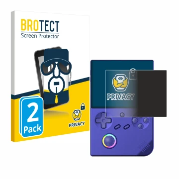 Parte frontal de un envase de producto con el logotipo de la marca BROTECT. Al lado se muestra el dispositivo Anbernic RG40XXV