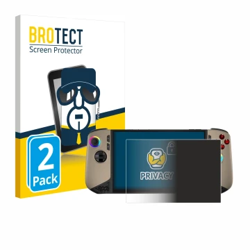 Parte frontal de un envase de producto con el logotipo de la marca BROTECT. Al lado se muestra el dispositivo MSI Claw 8 AI+ c