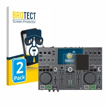 Parte frontal de un envase de producto con el logotipo de la marca BROTECT. Al lado se muestra el dispositivo Denon DJ Prime G