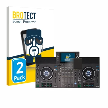 Parte frontal de un envase de producto con el logotipo de la marca BROTECT. Al lado se muestra el dispositivo Denon DJ SC LIVE